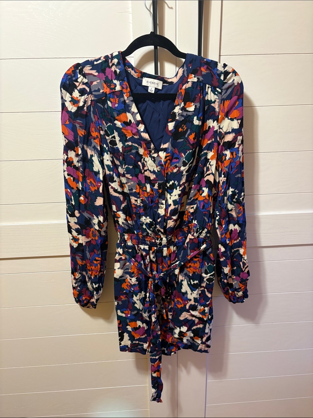 Evereve Navy Floral Romper, Long Sleeve Dress with Multicolor Print